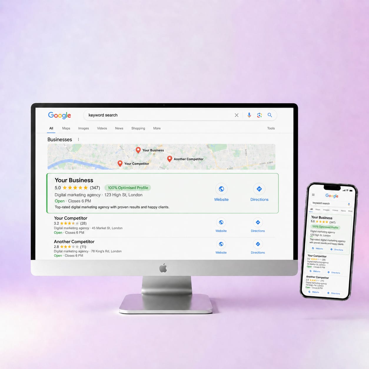 Mockup of a professional small business website on desktop and mobile devices