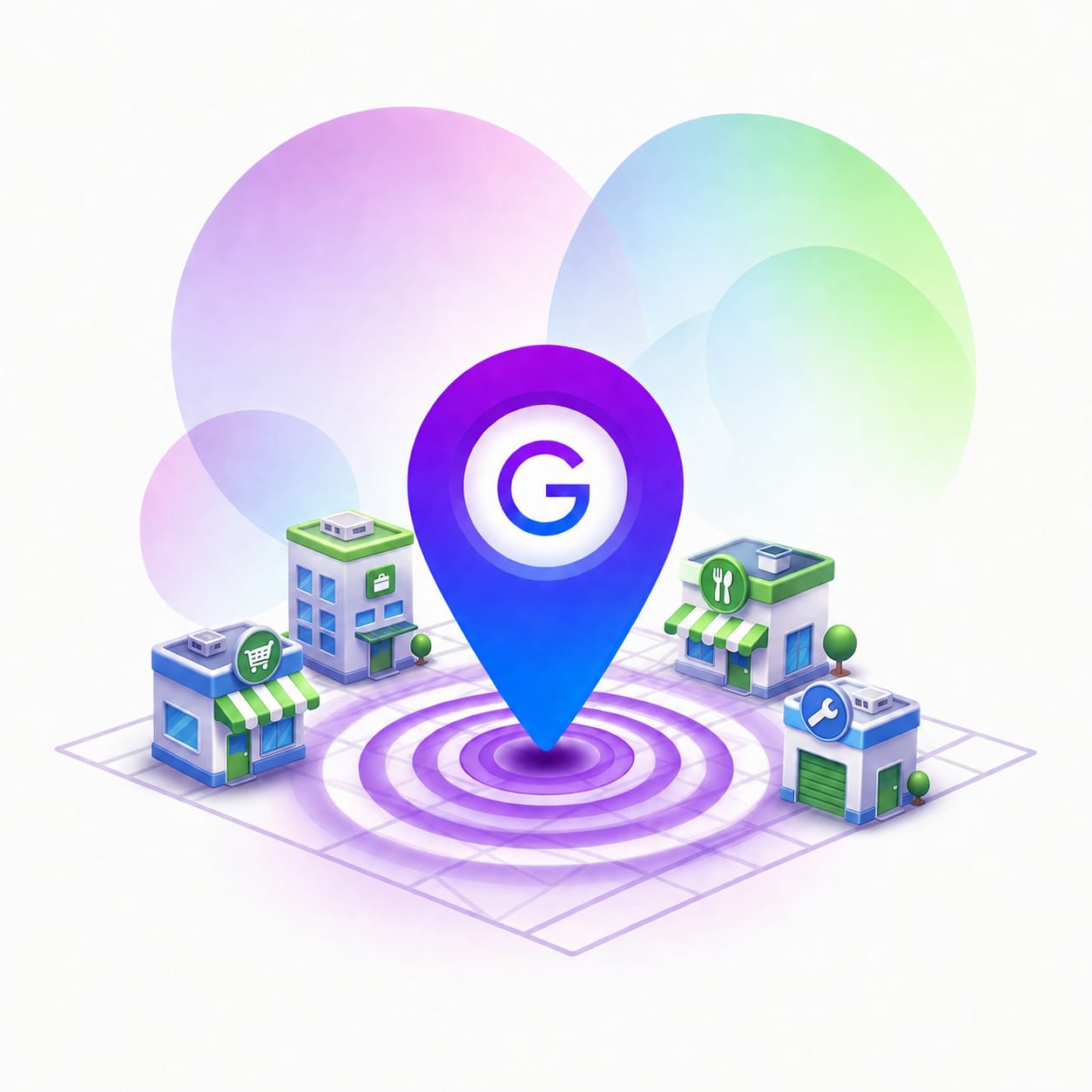 Illustration of a Google location pin surrounded by map markers, reviews and a mobile Business Profile