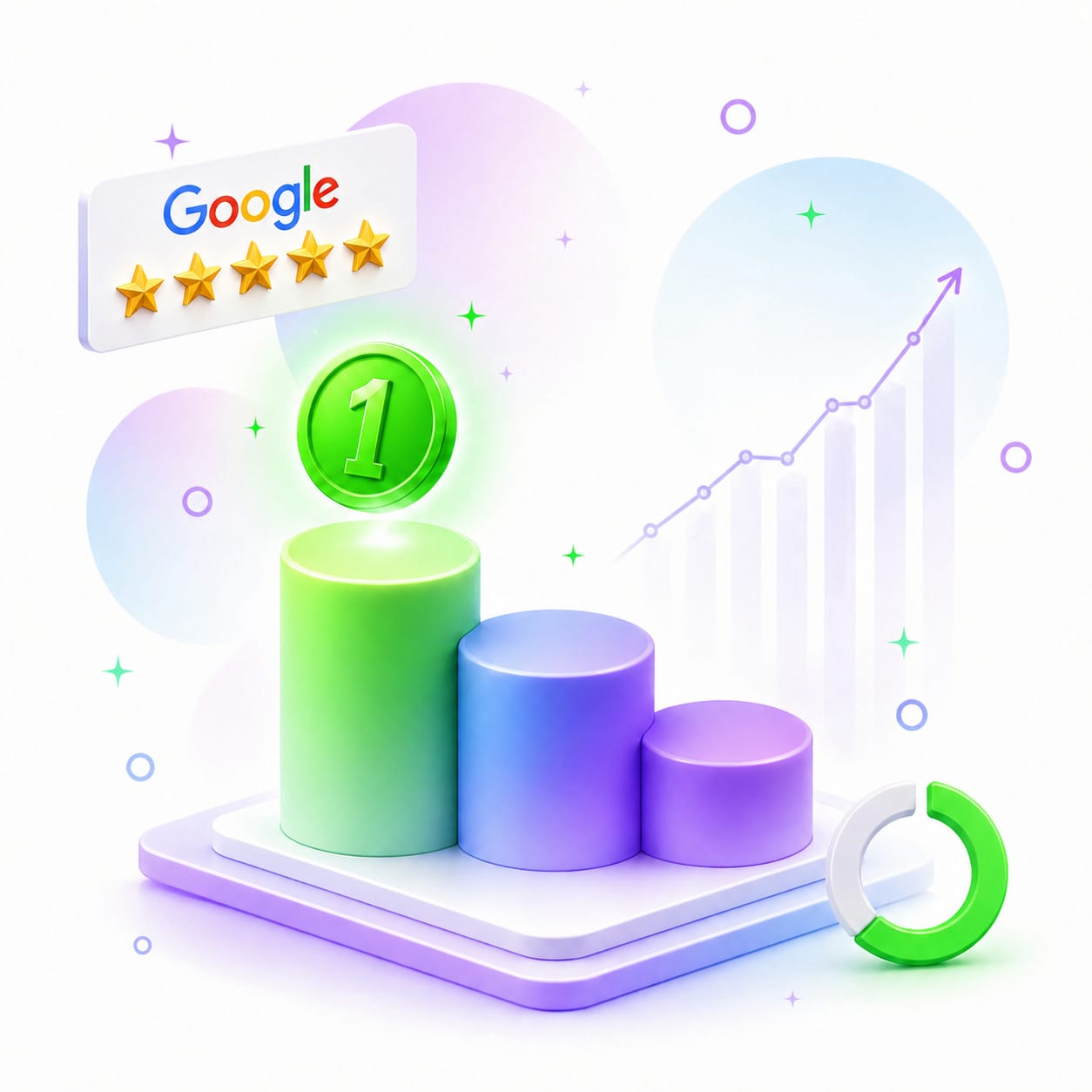 Illustration of an upward growth curve with a #1 medal, five star rating and trophy
